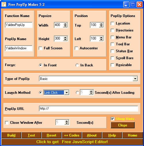 Free PopUp Maker 建立彈出網頁的 JavaScript 程式碼產生器 Free PopUp Maker 建立彈出網頁的 JavaScript 程式碼產生器
