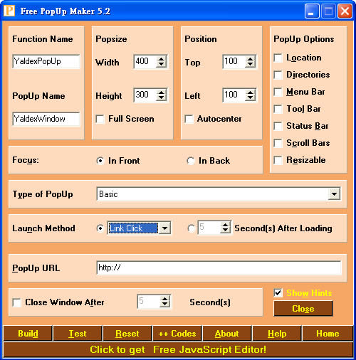Free PopUp Maker 建立彈出網頁的 JavaScript 程式碼產生器