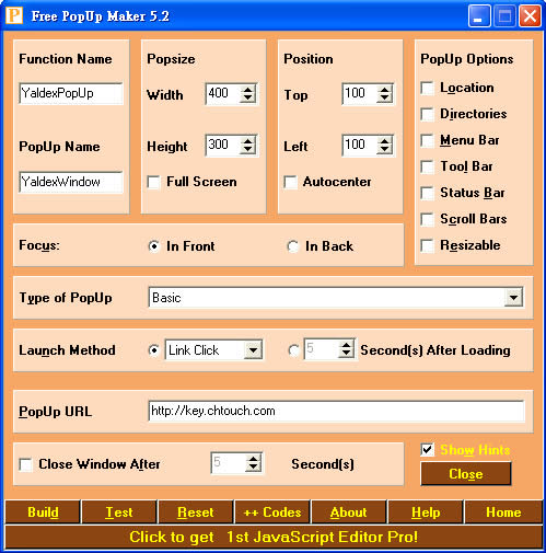 Free PopUp Maker 建立彈出網頁的 JavaScript 程式碼產生器 Free PopUp Maker 建立彈出網頁的 JavaScript 程式碼產生器