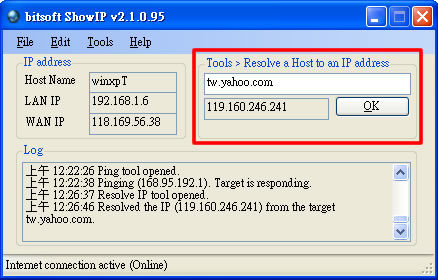 ShowIP 內網及外網 IP 查詢工具，另附 Ping 及 網域解析成 IP 工具