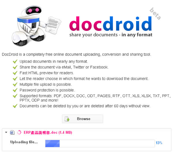 DocDroid 線上文件轉檔及分享服務,支援 PDF、DOCX、DOC、ODT、XLS、XLSX、TXT、PPT、PPTX 及 ODP等文件格式 DocDroid 線上文件轉檔及分享服務,支援 PDF、DOCX、DOC、ODT、XLS、XLSX、TXT、PPT、PPTX 及 ODP等文件格式