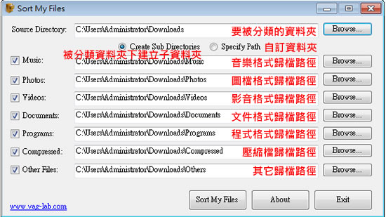 Sort My Files 可依照檔案副檔名自動分類到所設定的資料夾內(免安裝) Sort My Files 可依照檔案副檔名自動分類到所設定的資料夾內(免安裝)