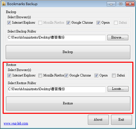 Bookmarks Backup 可備份及還原 IE、Firefox、Chrome、Safari 及 Opera 等瀏覽器的我的最愛或書籤(免安裝) Bookmarks Backup 可備份及還原 IE、Firefox、Chrome、Safari 及 Opera 等瀏覽器的我的最愛或書籤(免安裝)