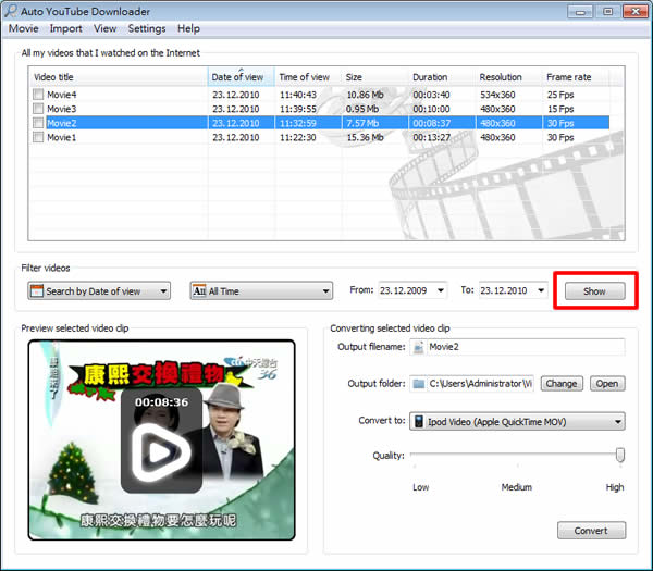 Auto YouTube Downloader 將看過的線上影片找出來，並可轉檔 MP3、MP4、AVI...等格式