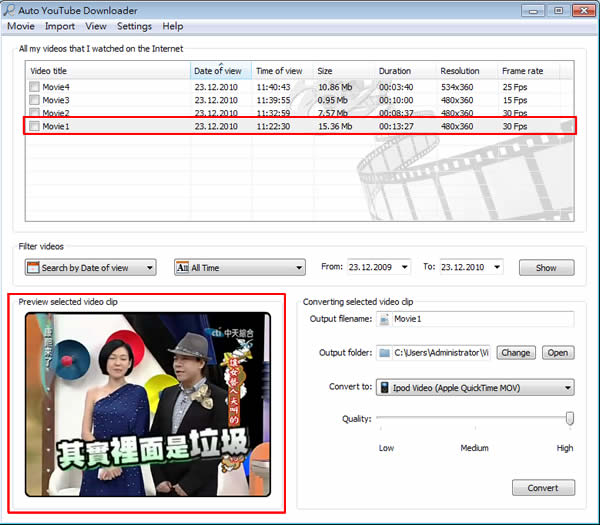 Auto YouTube Downloader 將看過的線上影片找出來，並可轉檔 MP3、MP4、AVI...等格式
