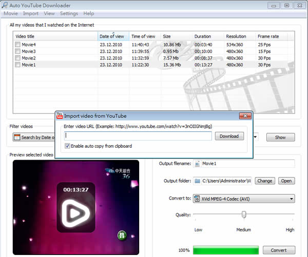 Auto YouTube Downloader 將看過的線上影片找出來，並可轉檔 MP3、MP4、AVI...等格式