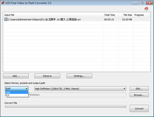 X2X Free Video to Flash Converter 將影片轉成 Flash 的 FLV 或 SWF 格式的實用工具