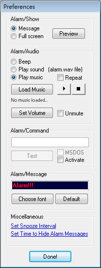 Alarm 電腦定時軟體，可定時播放自訂音效(MP3、WAV、MID)或訊息