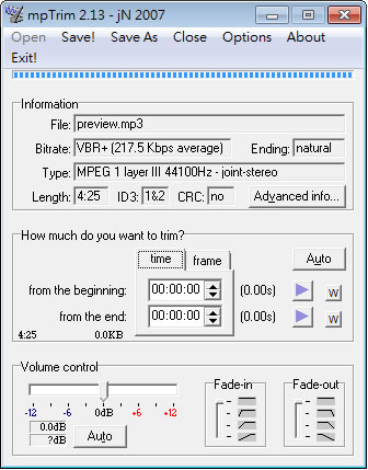 mpTrim 可修剪、調整音量、做出聲音淡進淡出的 MP3 編輯器(免安裝)