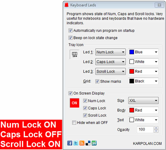 Keyboard LEDs 讓鍵盤的 Num Lock、Caps Lock 及 Scroll Lock 燈號能顯示在螢幕上的工具
