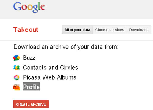 Google Takeout 由 Google 推出的聯絡人、Picasa 相簿、Buzz、個人資料等的線上備份工具