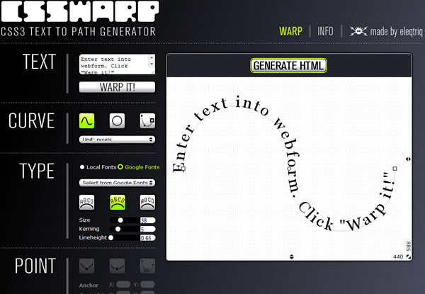 csswarp 可將文字搭配自訂曲線,讓文字旋轉、彎曲的 CSS 及 HTML 產生器 csswarp 可將文字搭配自訂曲線,讓文字旋轉、彎曲的 CSS 及 HTML 產生器
