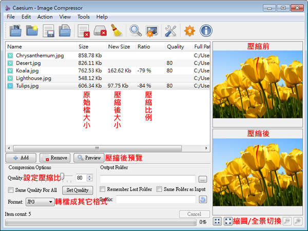 Caesium 免費的圖片壓縮工具，具預覽壓縮前後的對比圖片(免安裝)