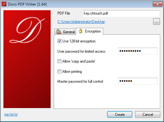 Doro PDF Writer 讓任何程式中藉由[列印]命令來建立 PDF 檔案並可設定保全密碼