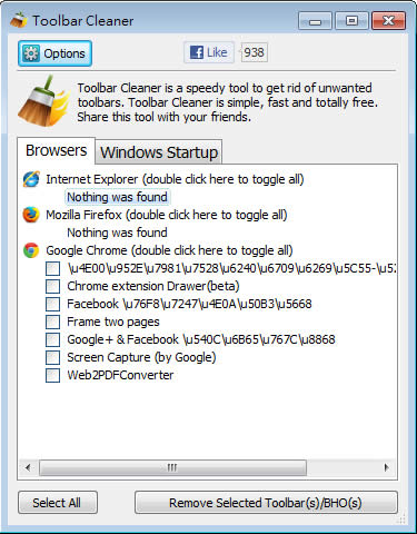 Toolbar Cleaner 瀏覽器外掛元件或擴充功能移除工具，支援 IE、Firefox 及 Chrome