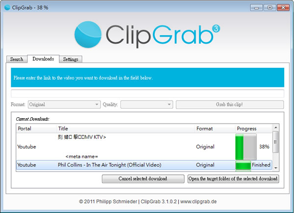 ClipGrab 從 YouTube、Facebook、Dailymotion 等多個影音網站進行搜尋、下載及轉檔的免費工具