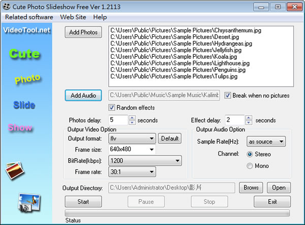 Cute Photo Slideshow Free 將相片製作成 SWF、FLV 或 MP4 來播放,具轉場效果、背景音樂及可調整解析度等功能 Cute Photo Slideshow Free 將相片製作成 SWF、FLV 或 MP4 來播放,具轉場效果、背景音樂及可調整解析度等功能