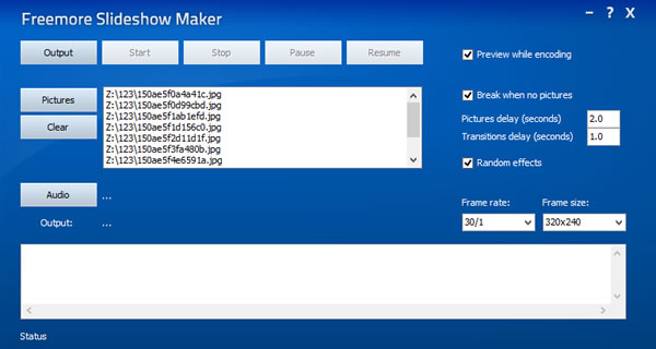 Freemore Slideshow Maker 將相片製作成 AVI 影片來播放，具轉場效果並可加入背景音樂