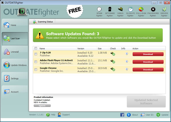 OUTDATEfighter 掃瞄已裝的應用軟體並可更新或解除安裝 OUTDATEfighter 掃瞄已裝的應用軟體並可更新或解除安裝