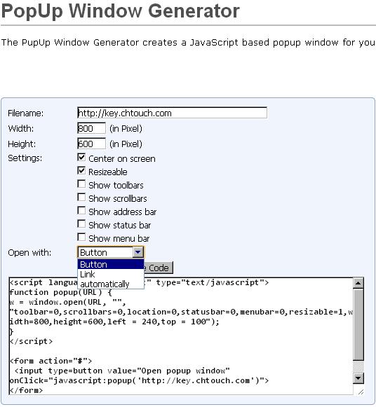 PopUp Window Generator 瀏覽器彈出視窗產生器