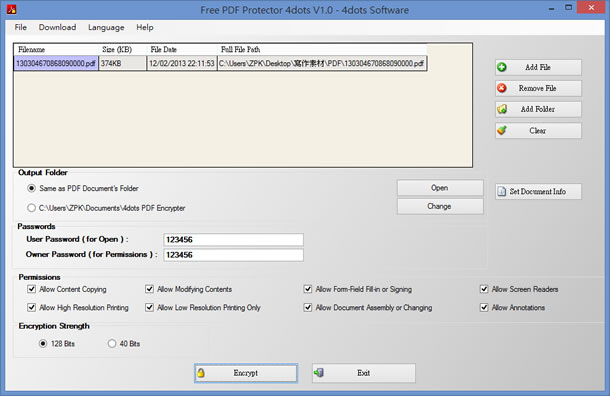 Free PDF Protector 4dots 設定 PDF 檔案開啟密碼與保全
